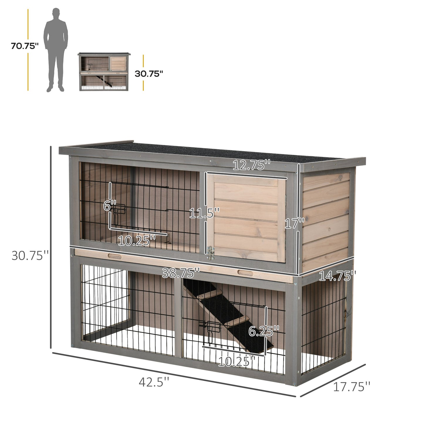 2-tier Wooden Rabbit Hutch Backyard Bunny Cage Habitat Small Animal House w/ Ramp, Slide Out Tray and Outdoor Run, Grey Rabbit Hutch   at Gallery Canada