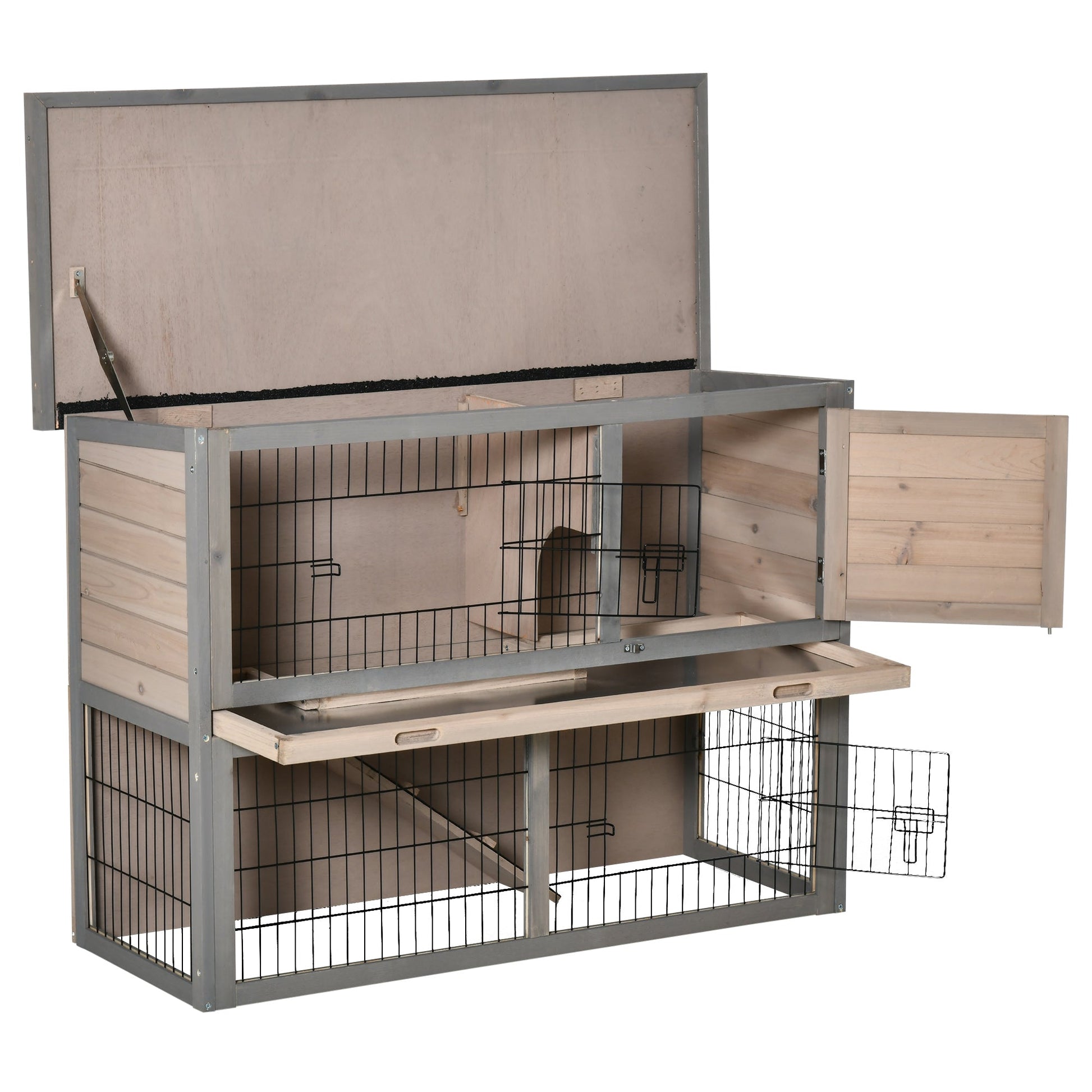 2-tier Wooden Rabbit Hutch Backyard Bunny Cage Habitat Small Animal House w/ Ramp, Slide Out Tray and Outdoor Run, Grey Rabbit Hutch   at Gallery Canada