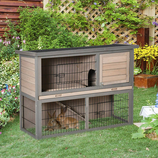 2-tier Wooden Rabbit Hutch Backyard Bunny Cage Habitat Small Animal House w/ Ramp, Slide Out Tray and Outdoor Run, Grey Rabbit Hutch Grey  at Gallery Canada