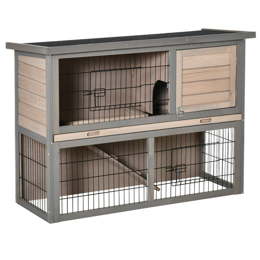 2-tier Wooden Rabbit Hutch Backyard Bunny Cage Habitat Small Animal House w/ Ramp, Slide Out Tray and Outdoor Run, Grey Rabbit Hutch Grey  at Gallery Canada