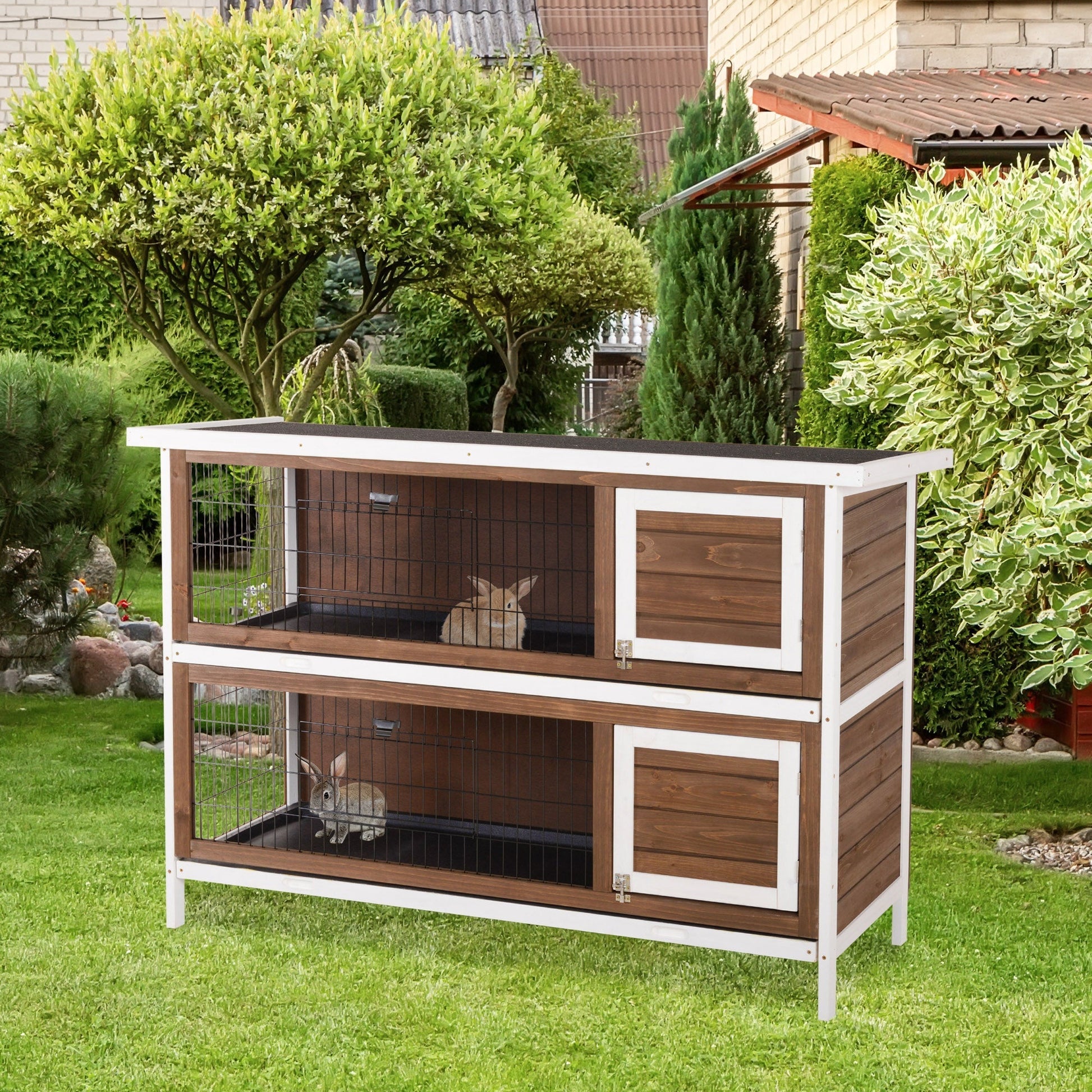 2 Tier Wooden Rabbit Hutch Bunny Pet House Wooden Coop Run, Brown Rabbit Hutch   at Gallery Canada