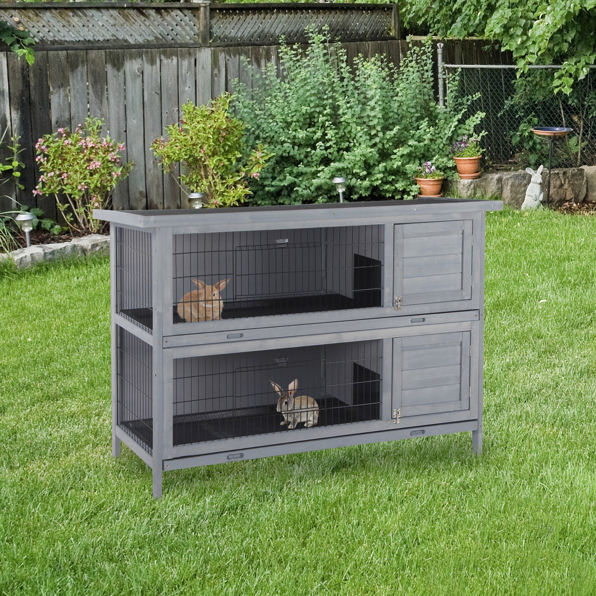 2 Tier Wooden Rabbit Hutch Bunny Pet House Wooden Coop Run, Grey Rabbit Hutch   at Gallery Canada