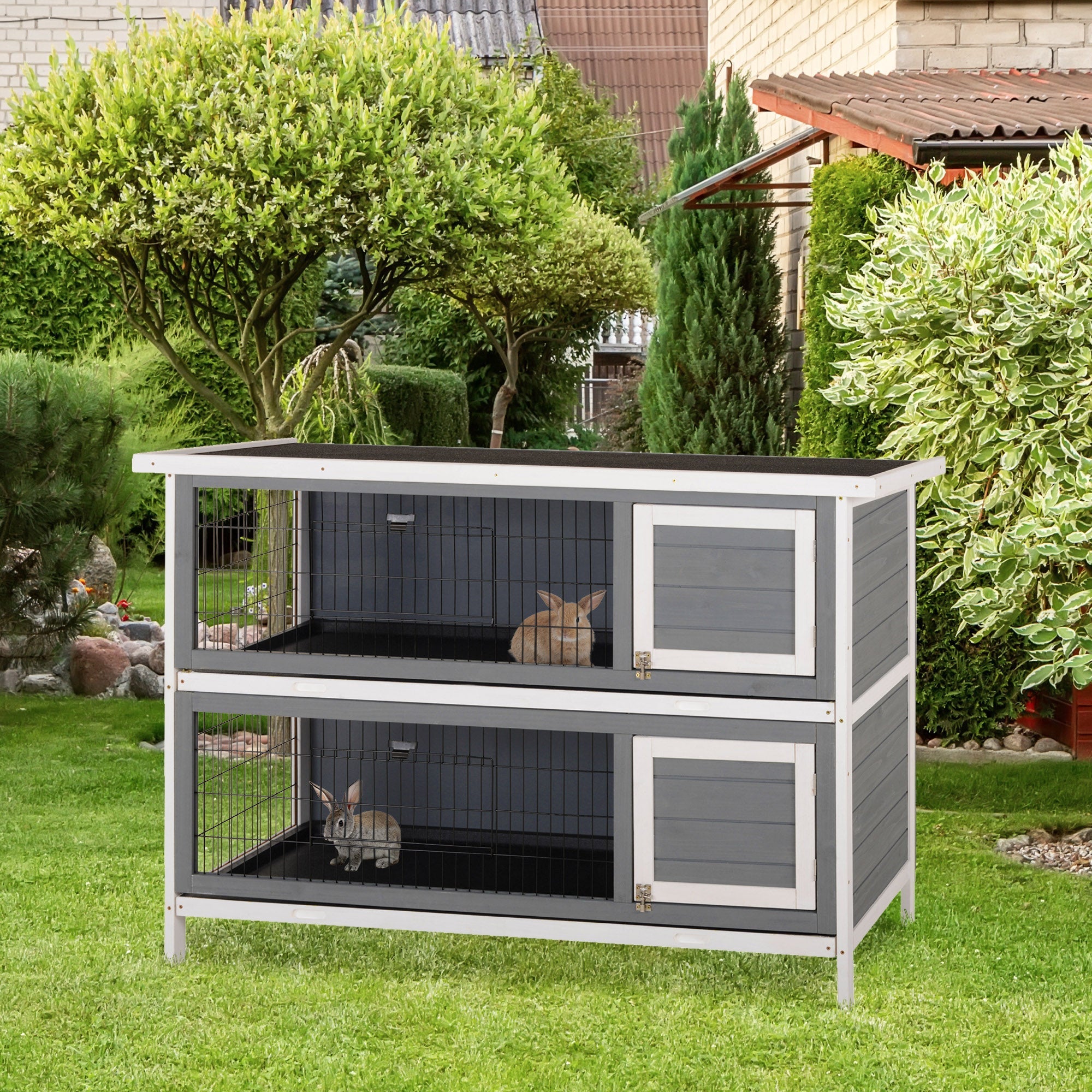 2 Tier Wooden Rabbit Hutch Bunny Pet House Wooden Coop Run, Grey Rabbit Hutch   at Gallery Canada