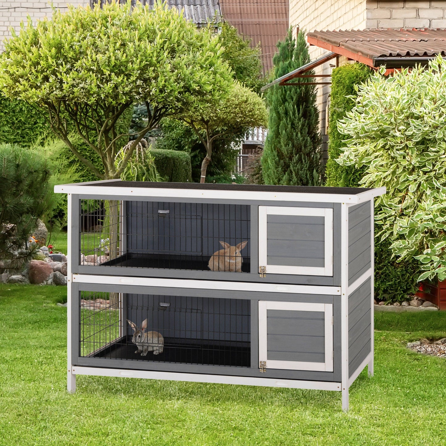 2 Tier Wooden Rabbit Hutch Bunny Pet House Wooden Coop Run, Grey Rabbit Hutch   at Gallery Canada