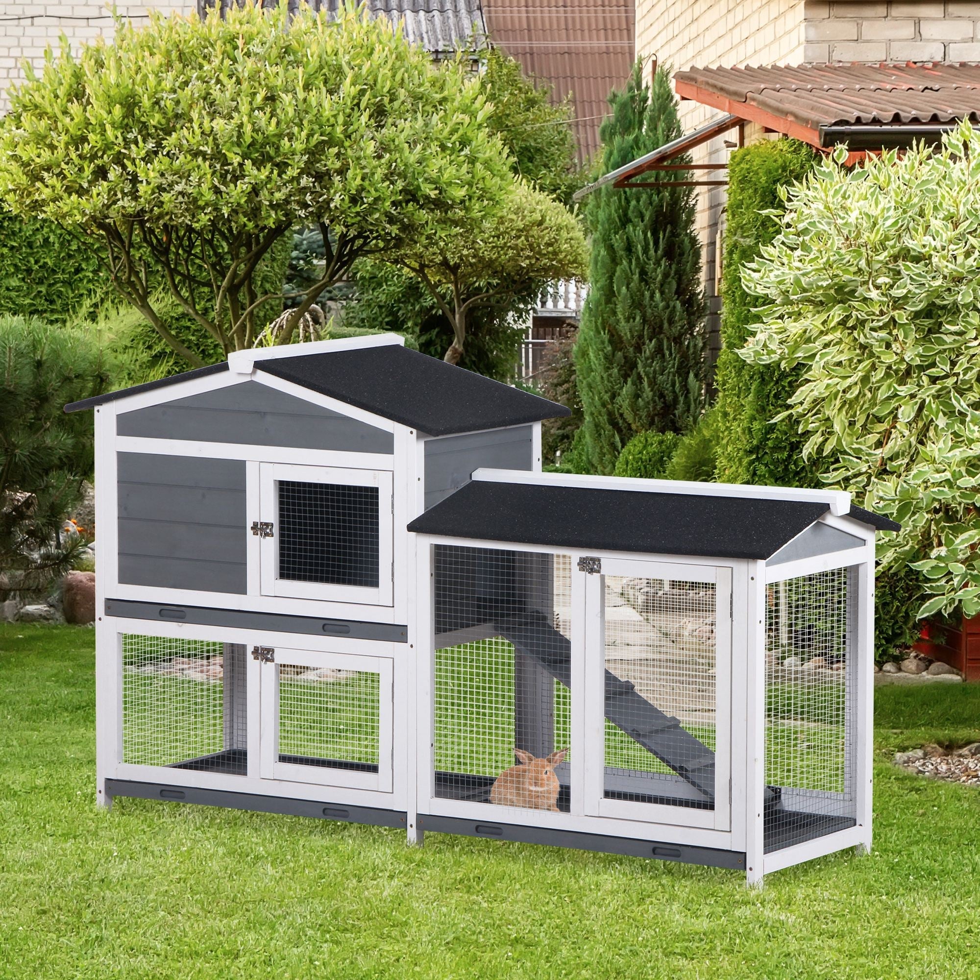 2-tier Wooden Rabbit Hutch w/ Ramp and Outdoor Run, Grey Rabbit Hutch   at Gallery Canada