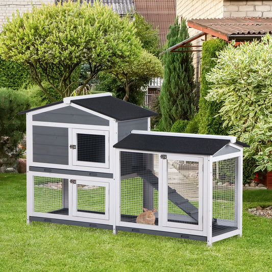 2-tier Wooden Rabbit Hutch w/ Ramp and Outdoor Run, Grey Rabbit Hutch Multi Colour  at Gallery Canada