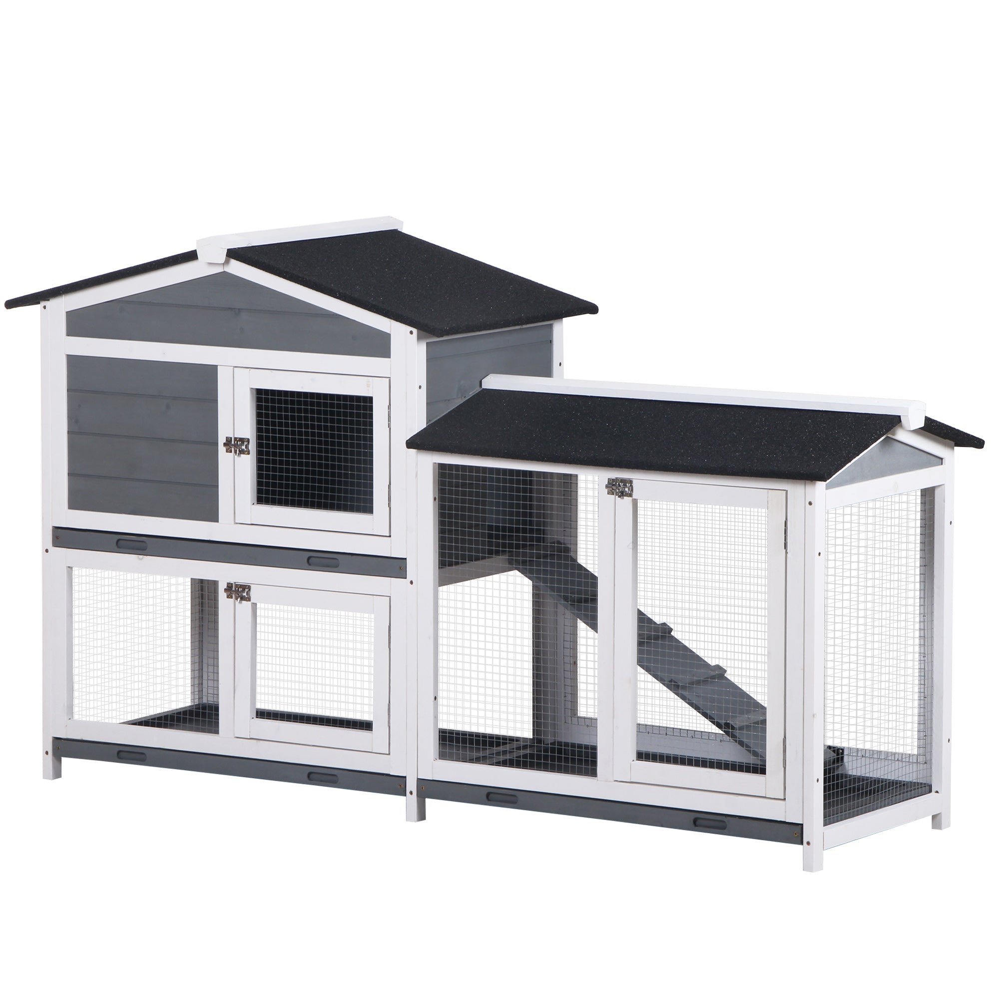 2-tier Wooden Rabbit Hutch w/ Ramp and Outdoor Run, Grey Rabbit Hutch Multi Colour  at Gallery Canada