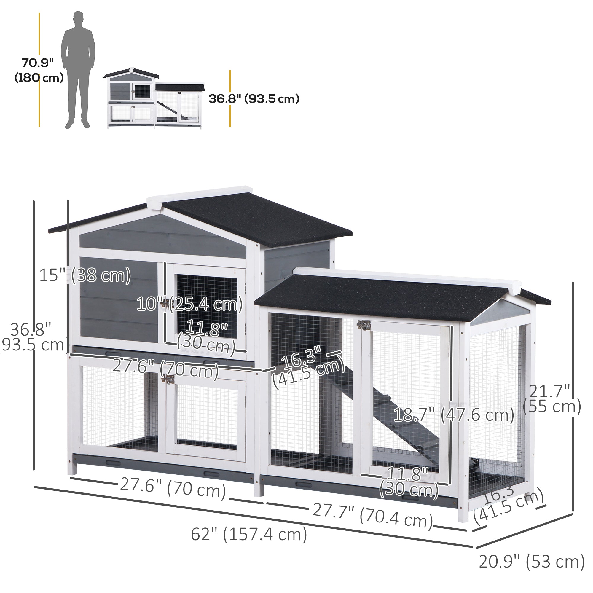 2-tier Wooden Rabbit Hutch w/ Ramp and Outdoor Run, Grey Rabbit Hutch   at Gallery Canada