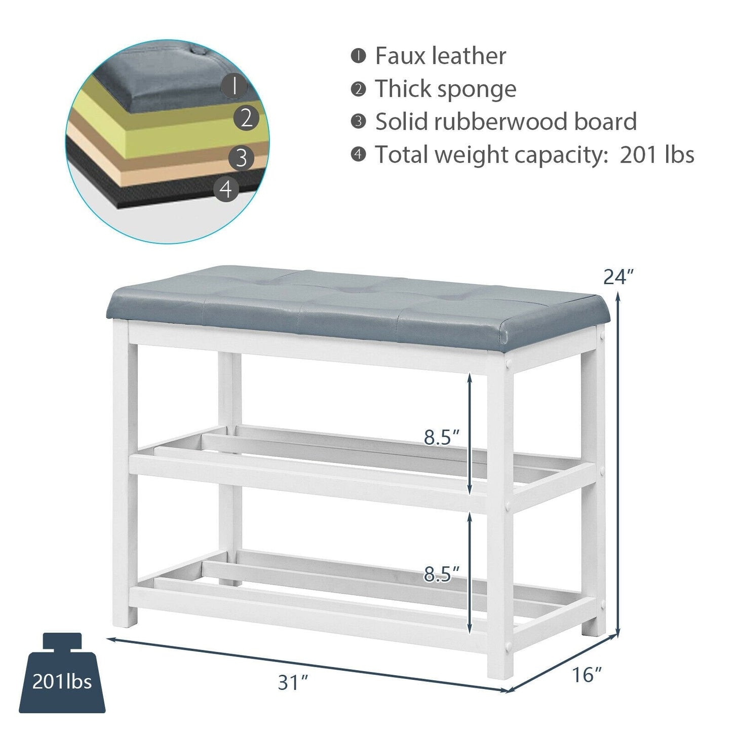 2-Tier Wooden Shoe Rack Bench with Padded Seat, White Shoe Racks & Storage Benches   at Gallery Canada