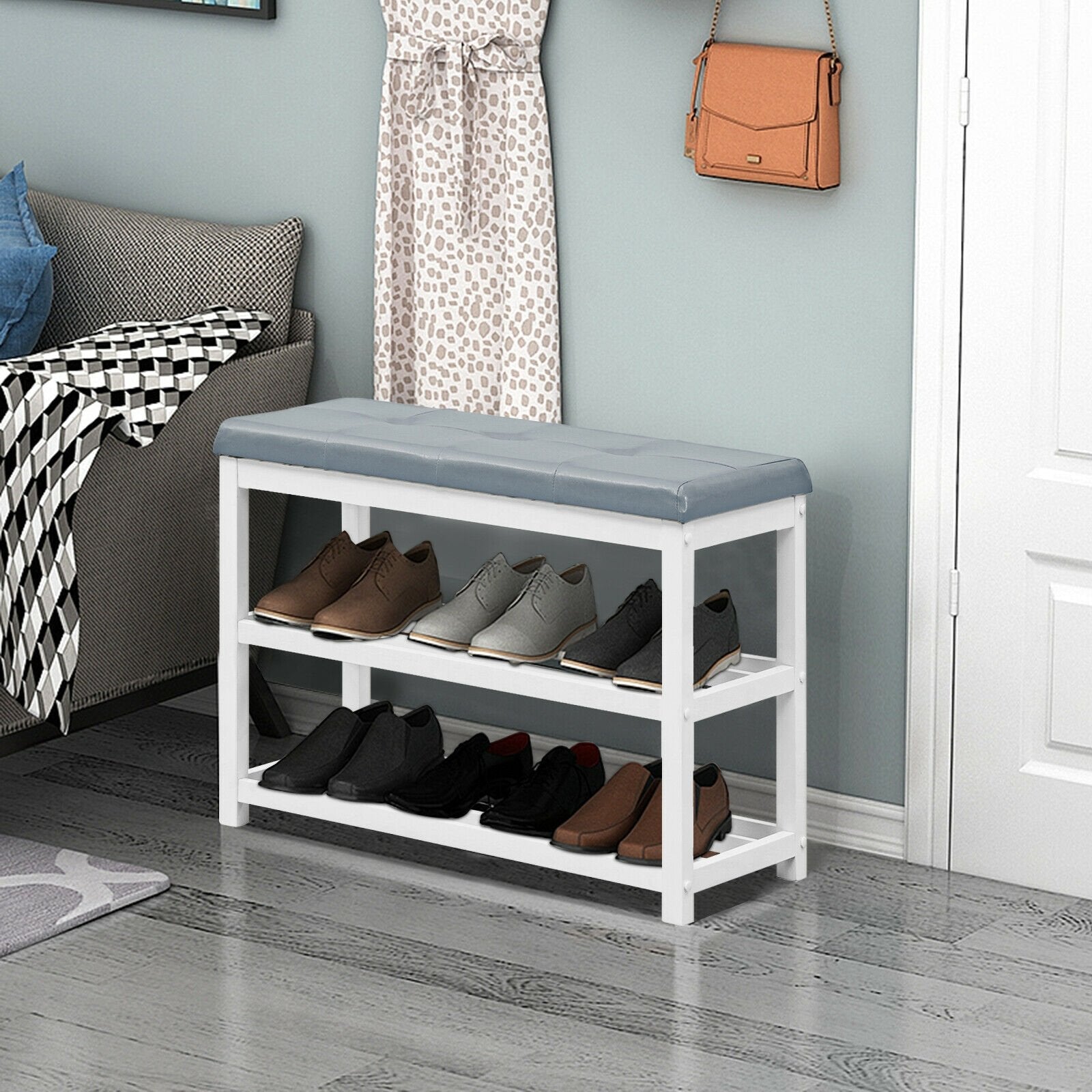 2-Tier Wooden Shoe Rack Bench with Padded Seat, White Shoe Racks & Storage Benches   at Gallery Canada