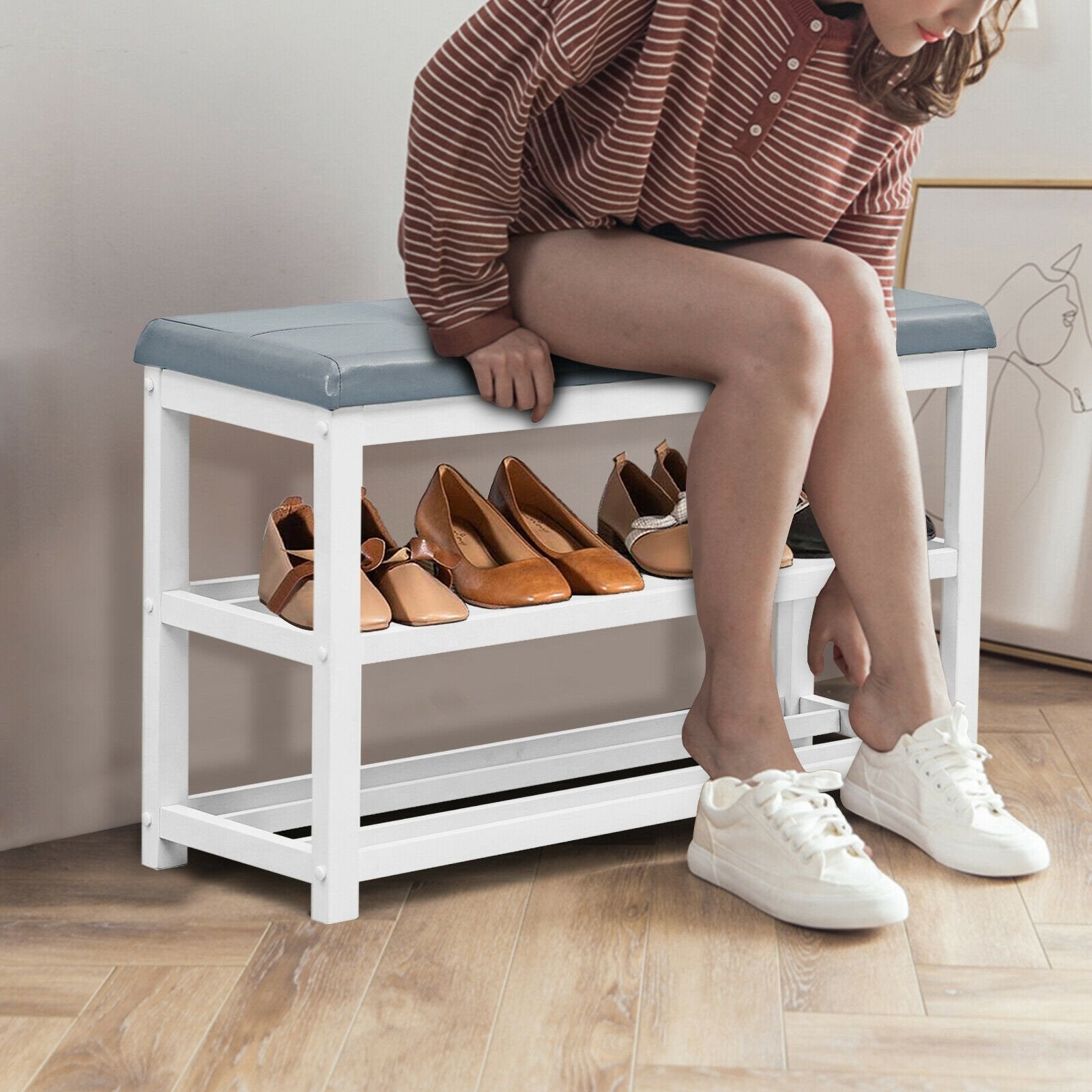 2-Tier Wooden Shoe Rack Bench with Padded Seat, White Shoe Racks & Storage Benches   at Gallery Canada