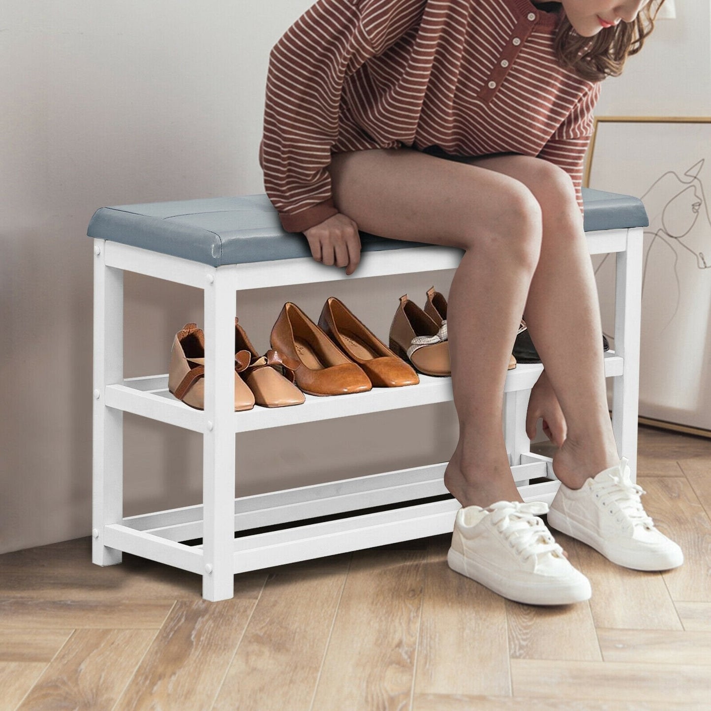 2-Tier Wooden Shoe Rack Bench with Padded Seat, White Shoe Racks & Storage Benches   at Gallery Canada