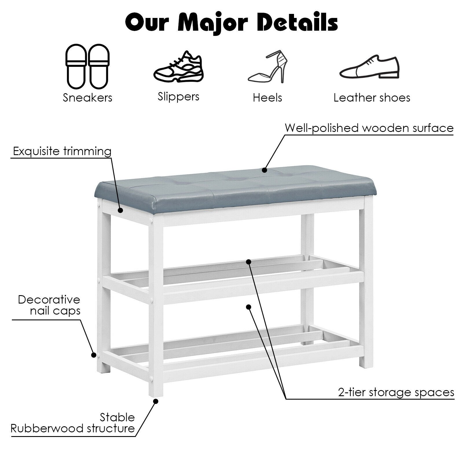 2-Tier Wooden Shoe Rack Bench with Padded Seat, White Shoe Racks & Storage Benches   at Gallery Canada