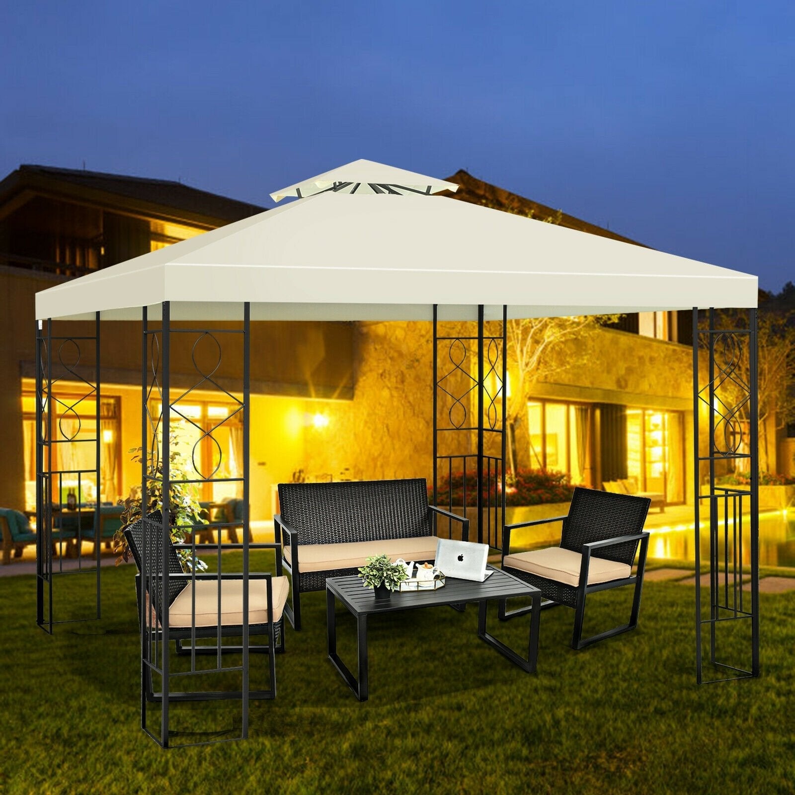 2 Tiers 10 x 10 Feet Patio Gazebo Canopy Tent, Beige Gazebos   at Gallery Canada