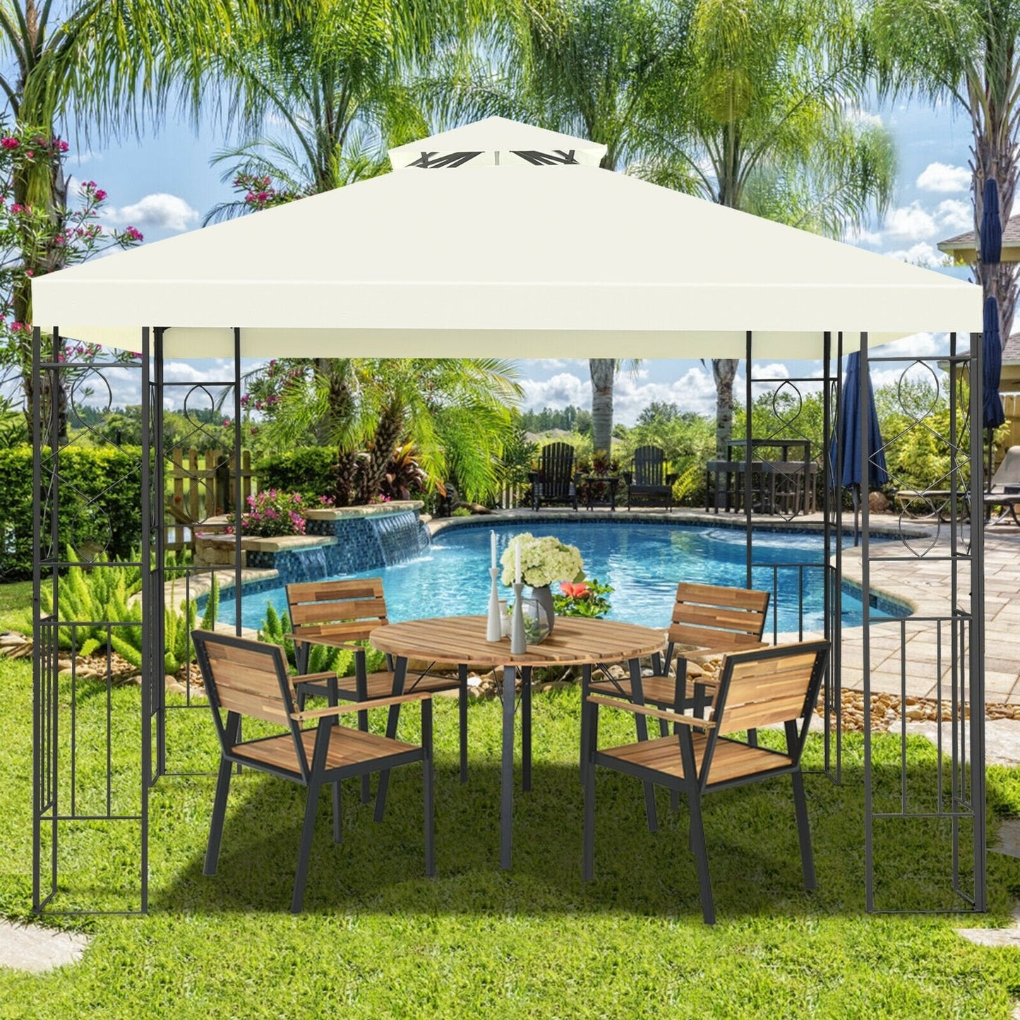 2 Tiers 10 x 10 Feet Patio Gazebo Canopy Tent, Beige Gazebos   at Gallery Canada