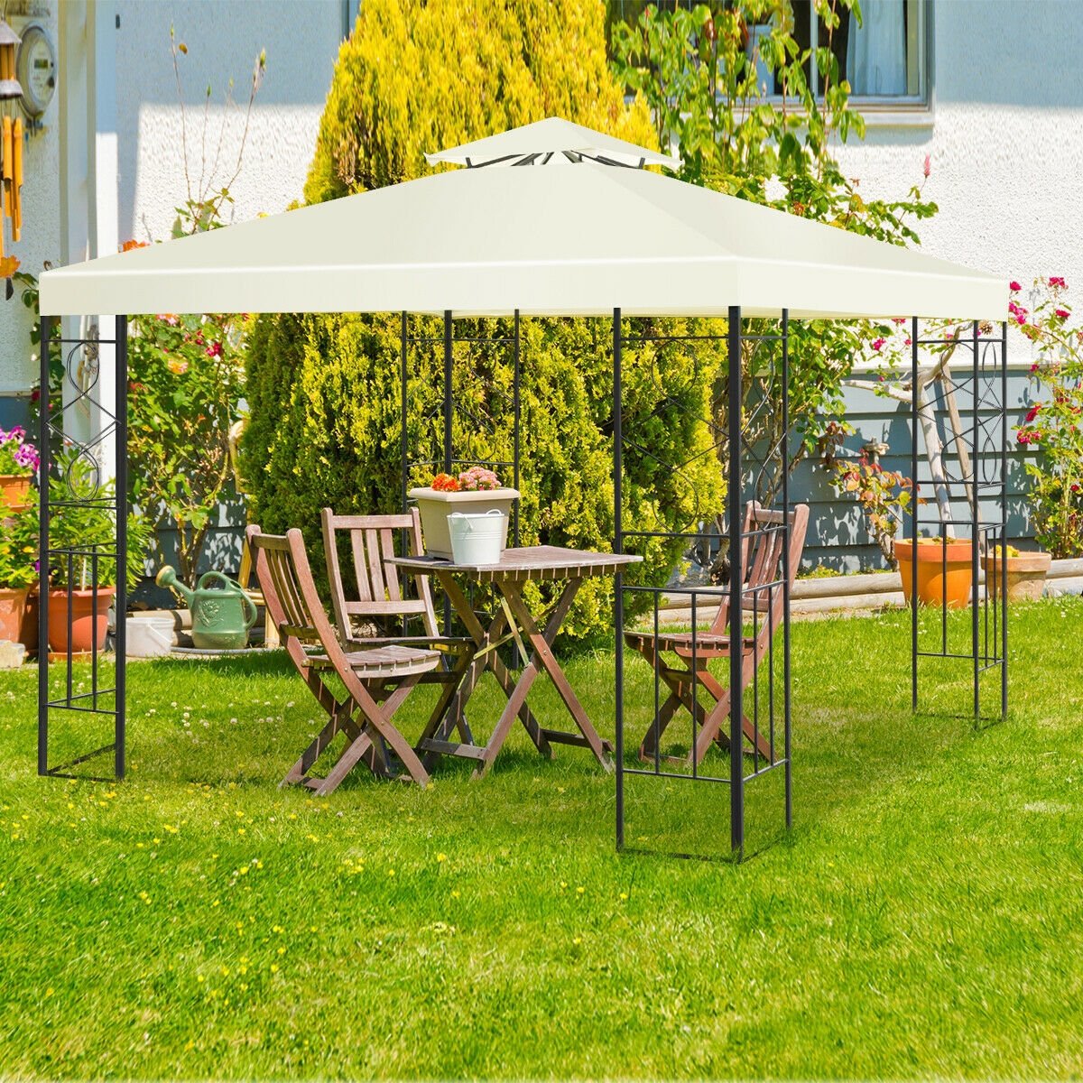 2 Tiers 10 x 10 Feet Patio Gazebo Canopy Tent, Beige Gazebos   at Gallery Canada