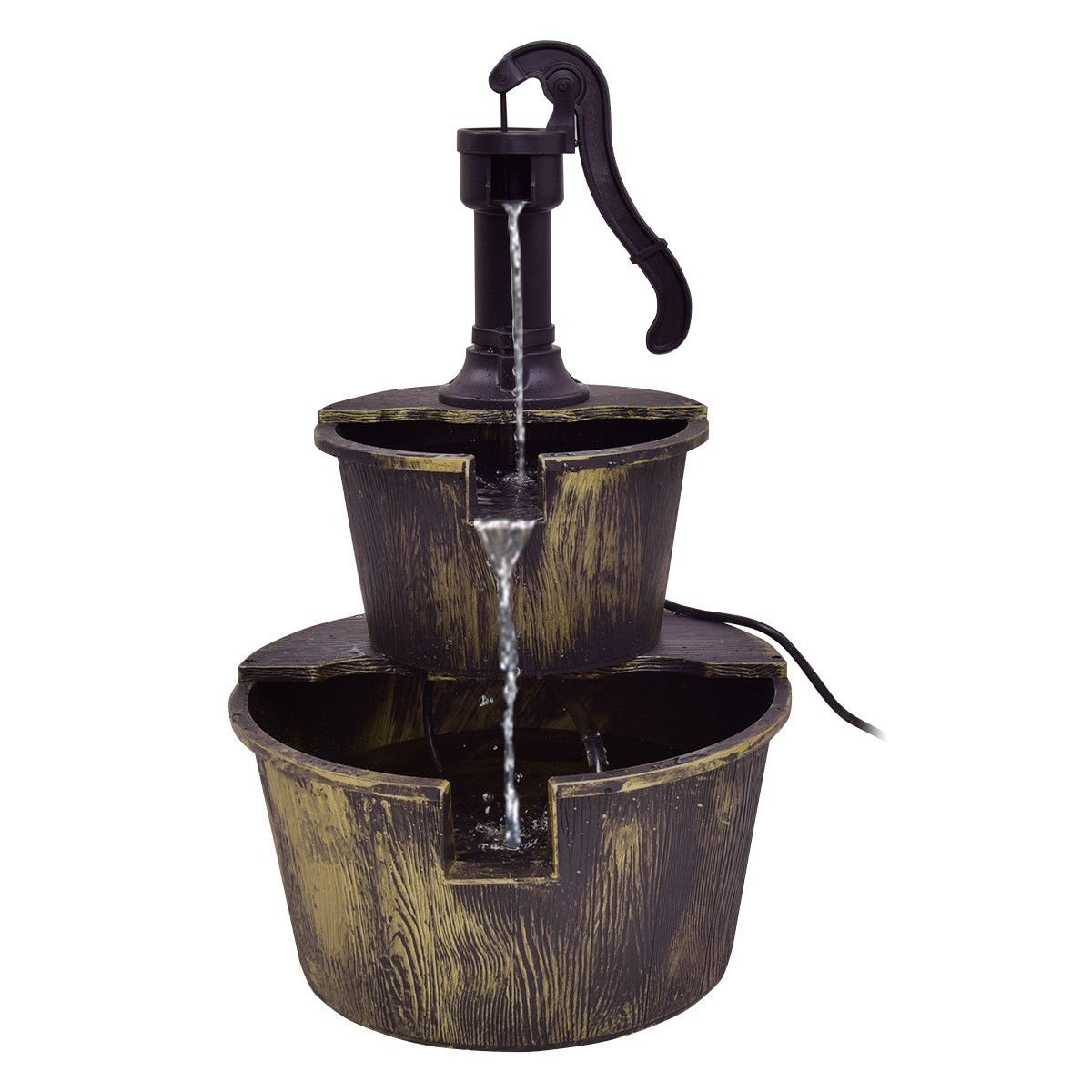 2 Tiers Outdoor Barrel Waterfall Fountain with Pump, Bronze Outdoor Decor   at Gallery Canada