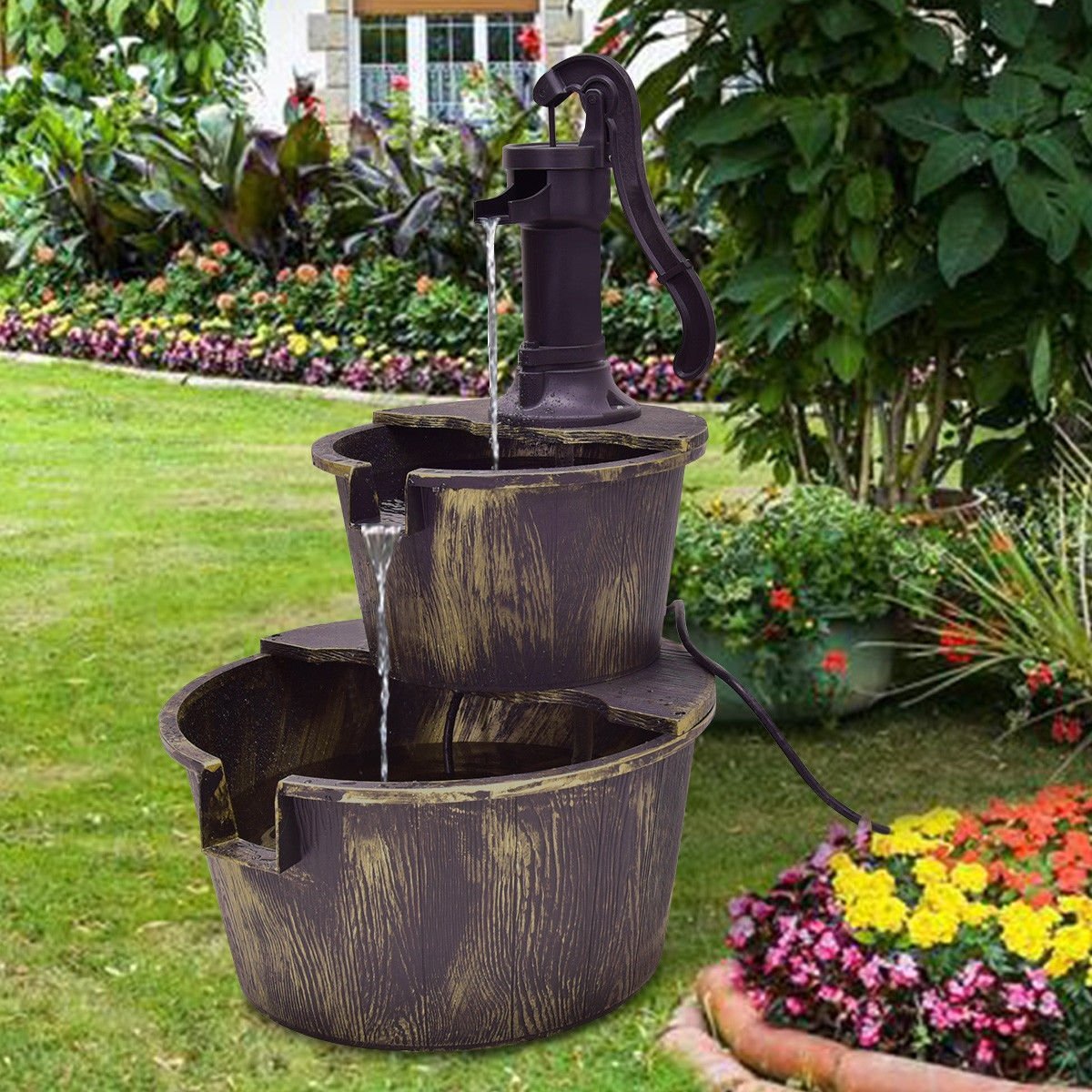 2 Tiers Outdoor Barrel Waterfall Fountain with Pump, Bronze Outdoor Decor   at Gallery Canada