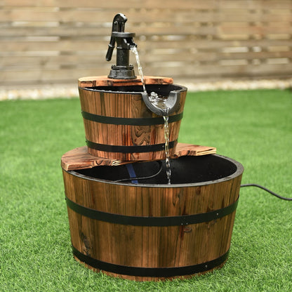 2-Tiers Outdoor Wooden Barrel Waterfall Fountain with Pump, Brown Outdoor Decor   at Gallery Canada