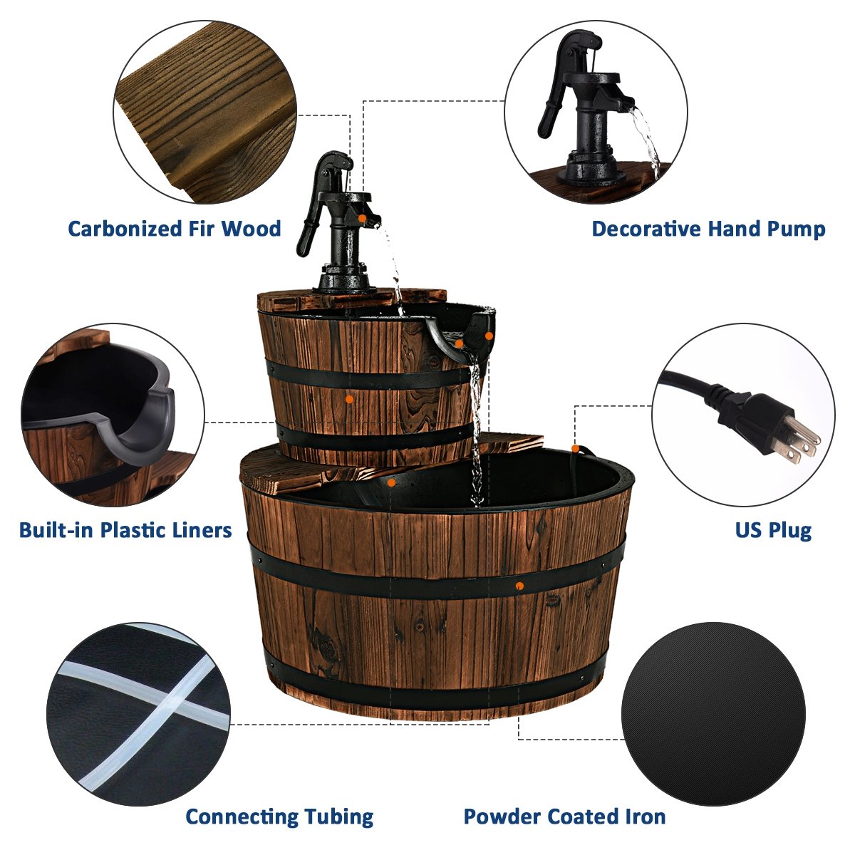 2-Tiers Outdoor Wooden Barrel Waterfall Fountain with Pump, Brown Outdoor Decor   at Gallery Canada