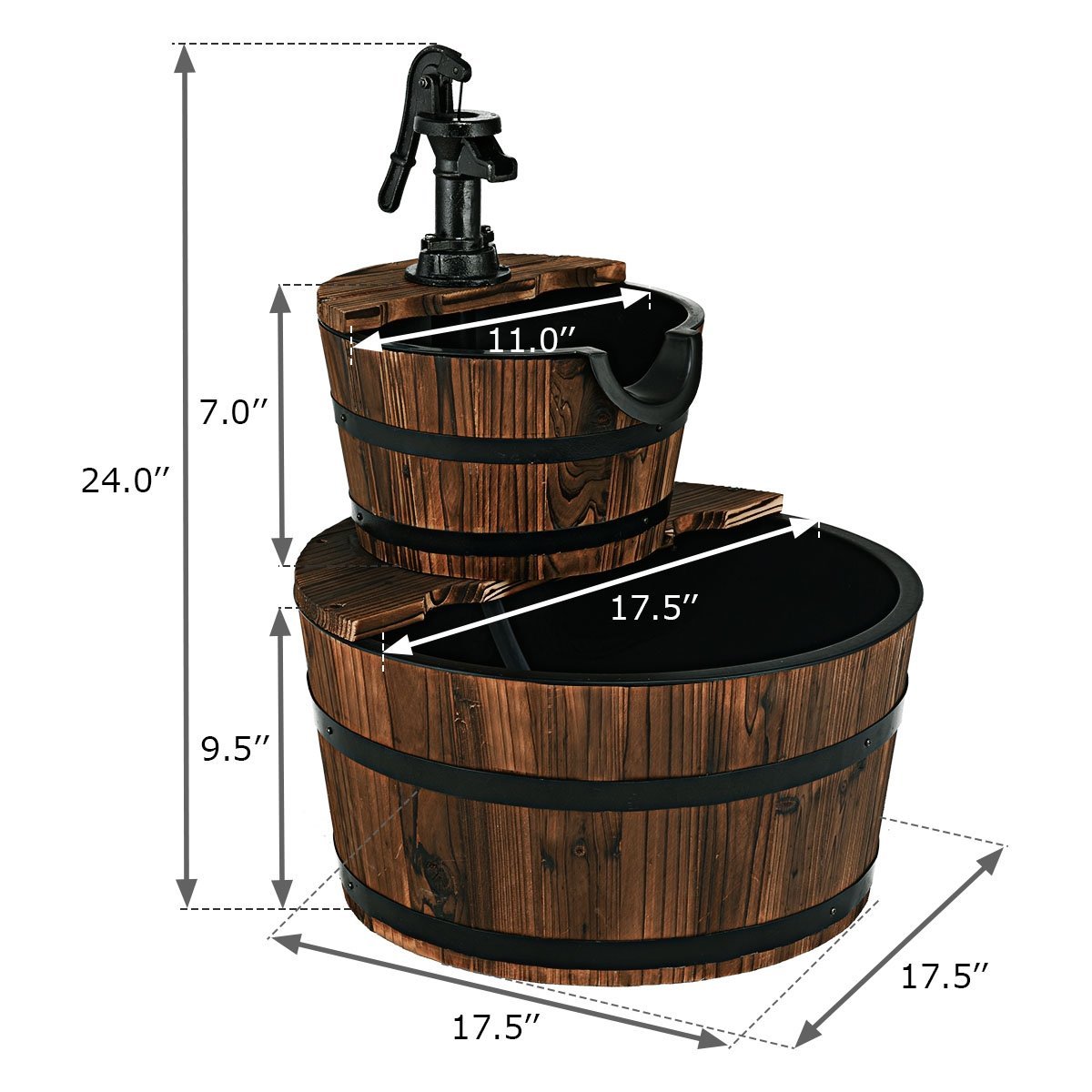 2-Tiers Outdoor Wooden Barrel Waterfall Fountain with Pump, Brown Outdoor Decor   at Gallery Canada