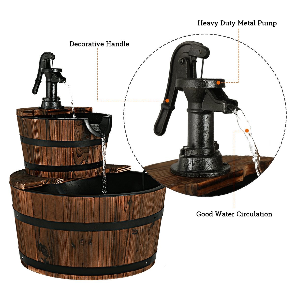 2-Tiers Outdoor Wooden Barrel Waterfall Fountain with Pump, Brown Outdoor Decor   at Gallery Canada