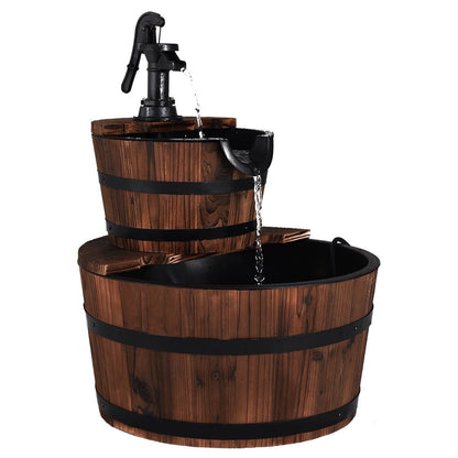 2-Tiers Outdoor Wooden Barrel Waterfall Fountain with Pump, Brown Outdoor Decor   at Gallery Canada