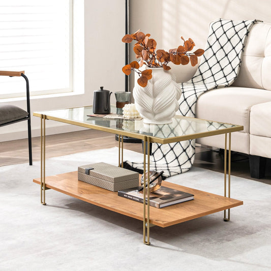 2 Tiers Rectangle Glass Coffee Table with White and Gold Steel Frame, Golden Coffee Tables   at Gallery Canada