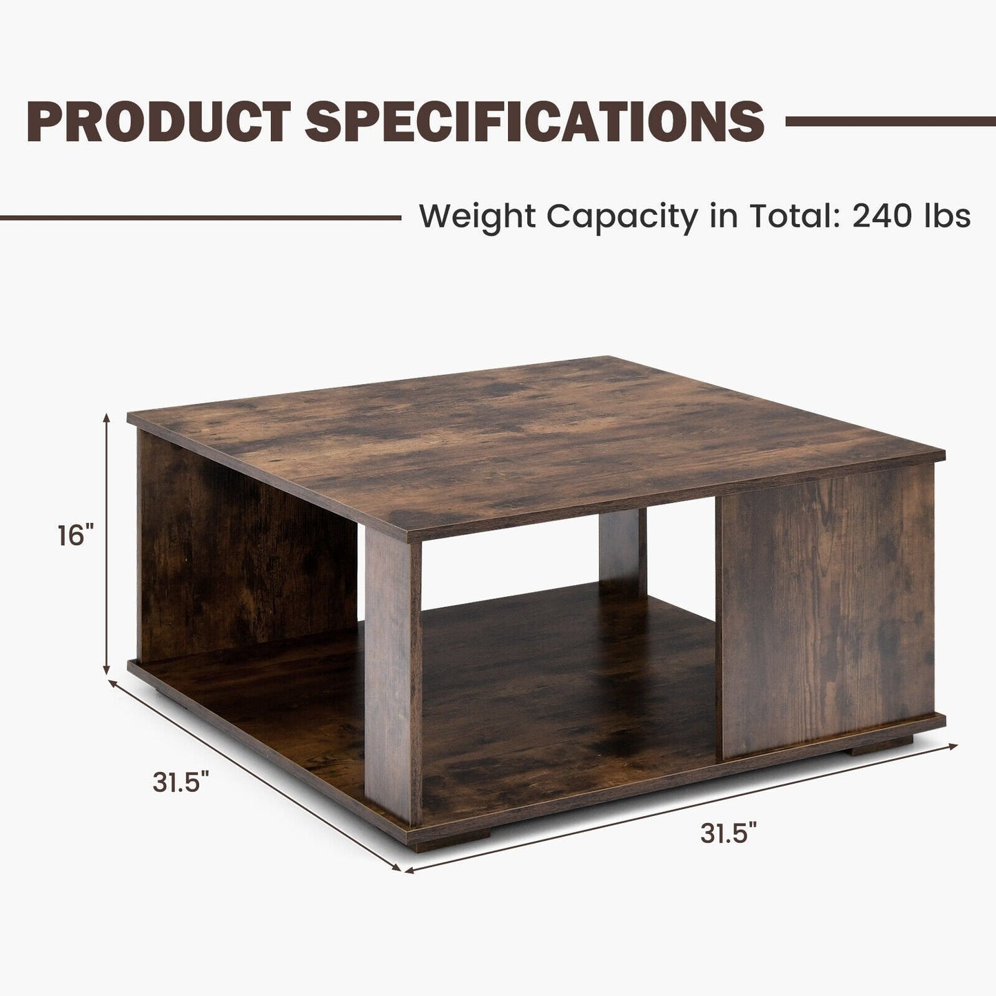 2 Tiers Square Coffee Table with Storage and Non-Slip Foot Pads, Rustic Brown Coffee Tables   at Gallery Canada