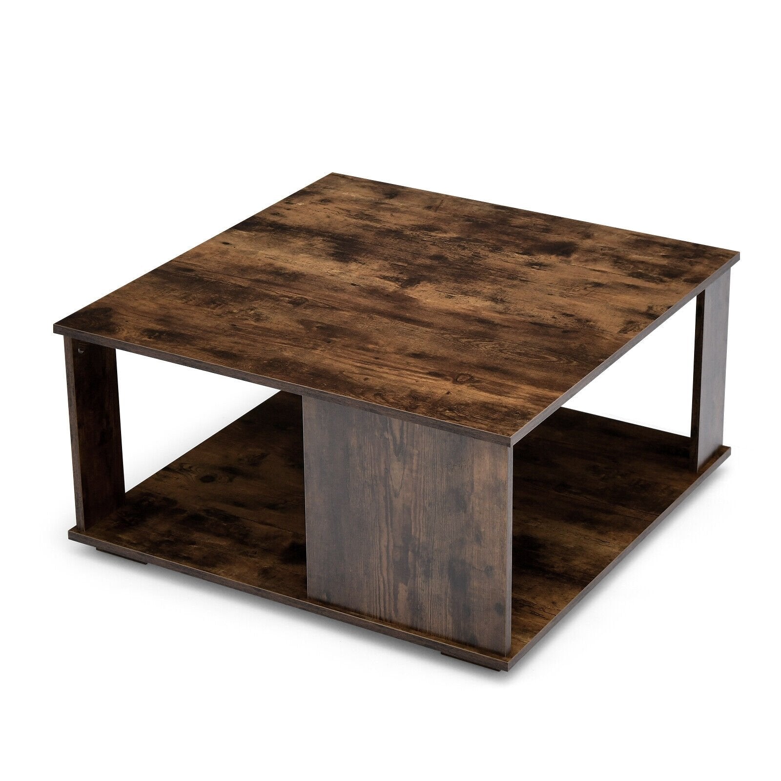 2 Tiers Square Coffee Table with Storage and Non-Slip Foot Pads, Rustic Brown Coffee Tables   at Gallery Canada