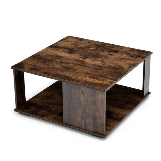 2 Tiers Square Coffee Table with Storage and Non-Slip Foot Pads, Rustic Brown Coffee Tables   at Gallery Canada