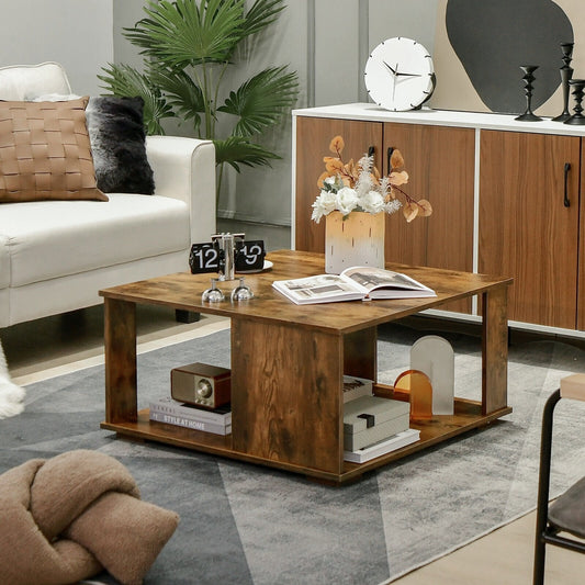 2 Tiers Square Coffee Table with Storage and Non-Slip Foot Pads, Rustic Brown Coffee Tables   at Gallery Canada