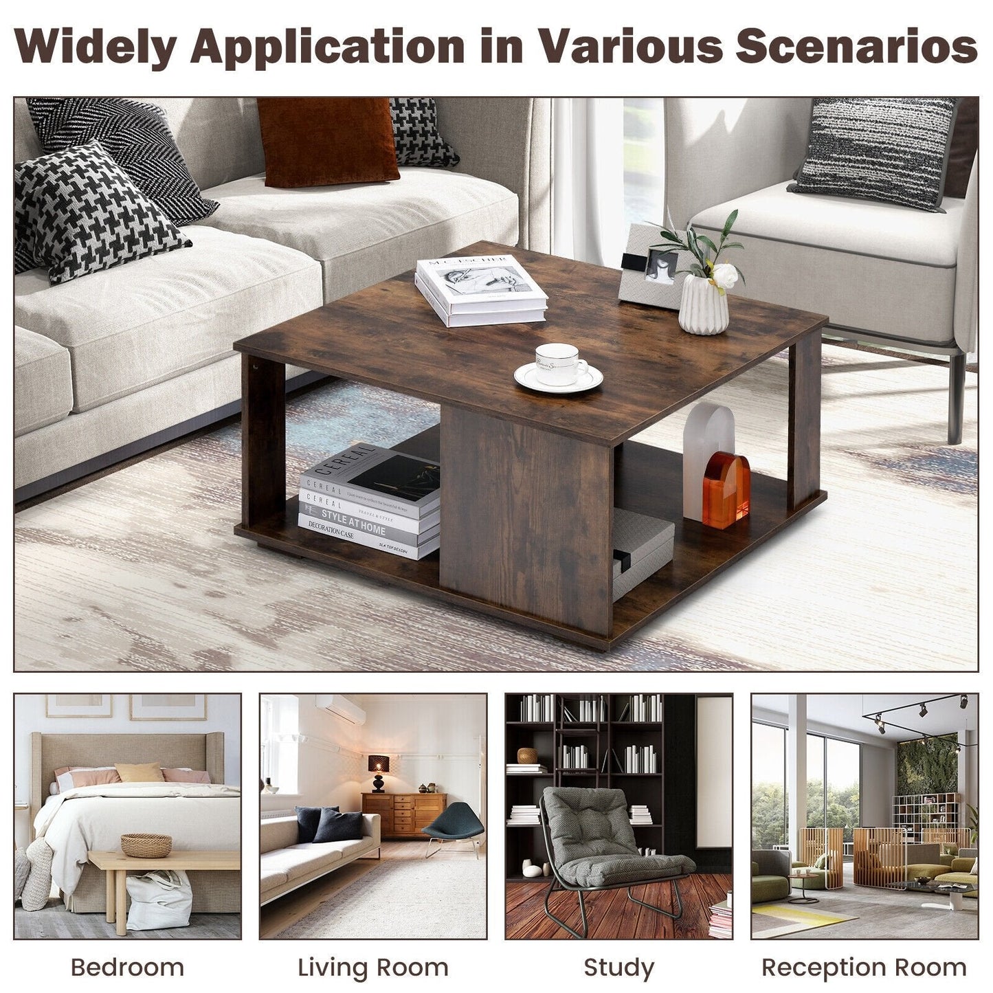 2 Tiers Square Coffee Table with Storage and Non-Slip Foot Pads, Rustic Brown Coffee Tables   at Gallery Canada