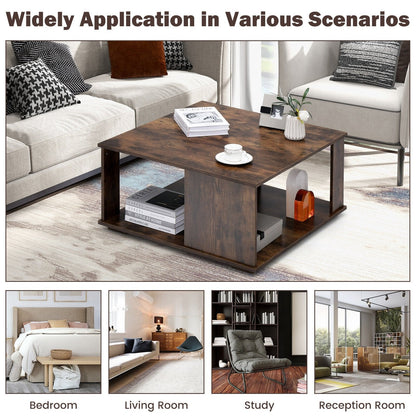 2 Tiers Square Coffee Table with Storage and Non-Slip Foot Pads, Rustic Brown Coffee Tables   at Gallery Canada