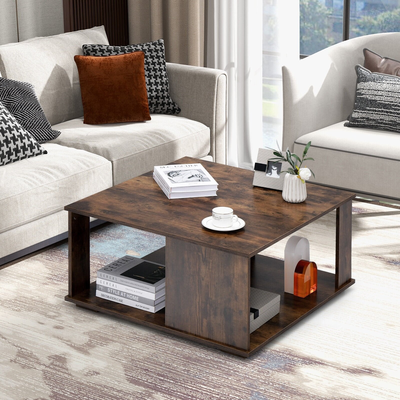 2 Tiers Square Coffee Table with Storage and Non-Slip Foot Pads, Rustic Brown Coffee Tables   at Gallery Canada