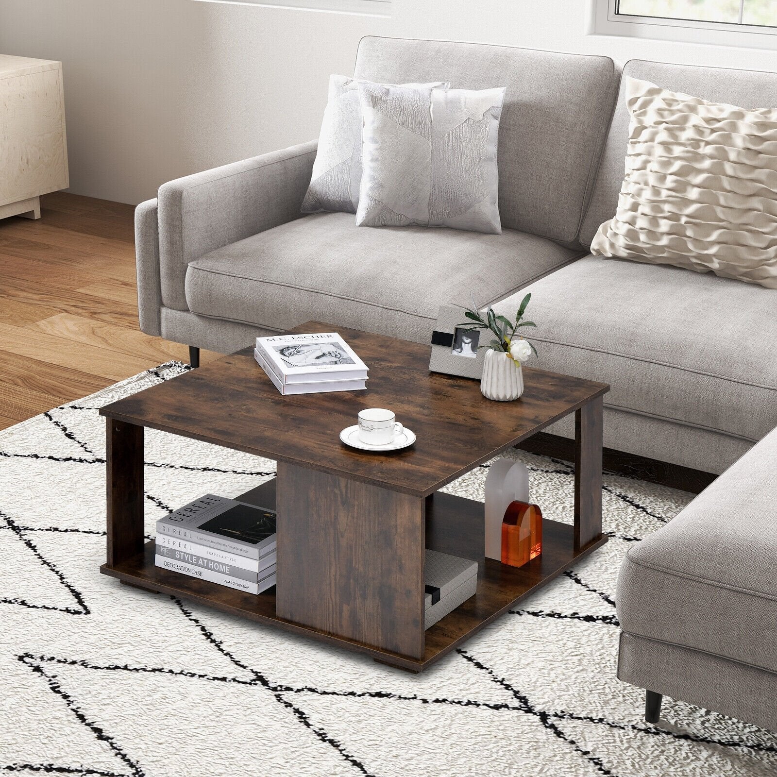 2 Tiers Square Coffee Table with Storage and Non-Slip Foot Pads, Rustic Brown Coffee Tables   at Gallery Canada