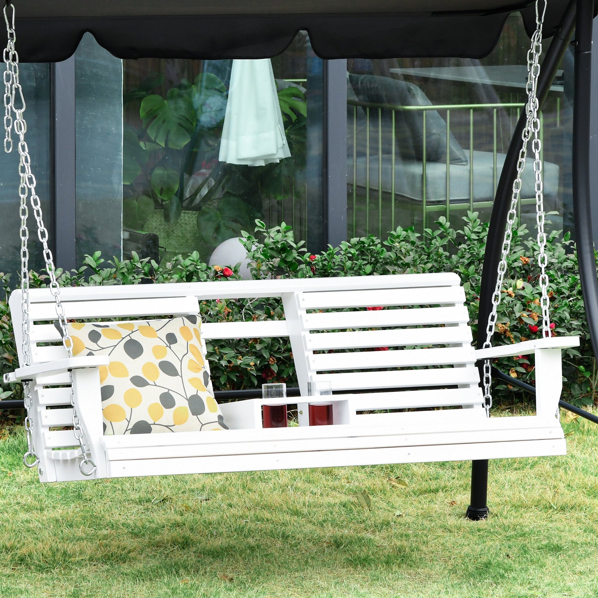 2 to 3 Seater Porch Swing Wood Patio Swing Chair Swing Bench with Foldable Table, Cup Holders, Steel Chains, White Hanging Porch Swings   at Gallery Canada