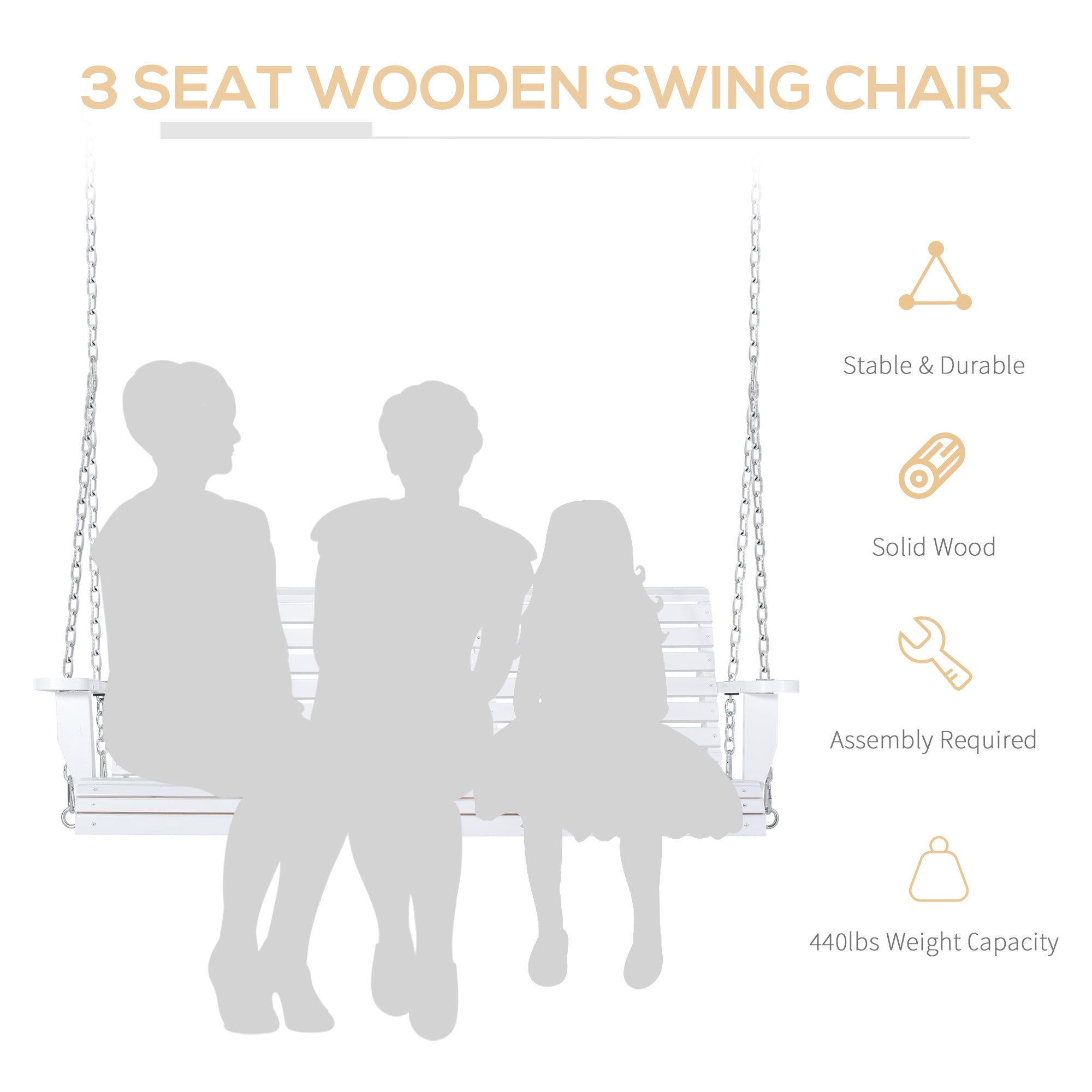 2 to 3 Seater Porch Swing Wood Patio Swing Chair Swing Bench with Foldable Table, Cup Holders, Steel Chains, White Hanging Porch Swings   at Gallery Canada