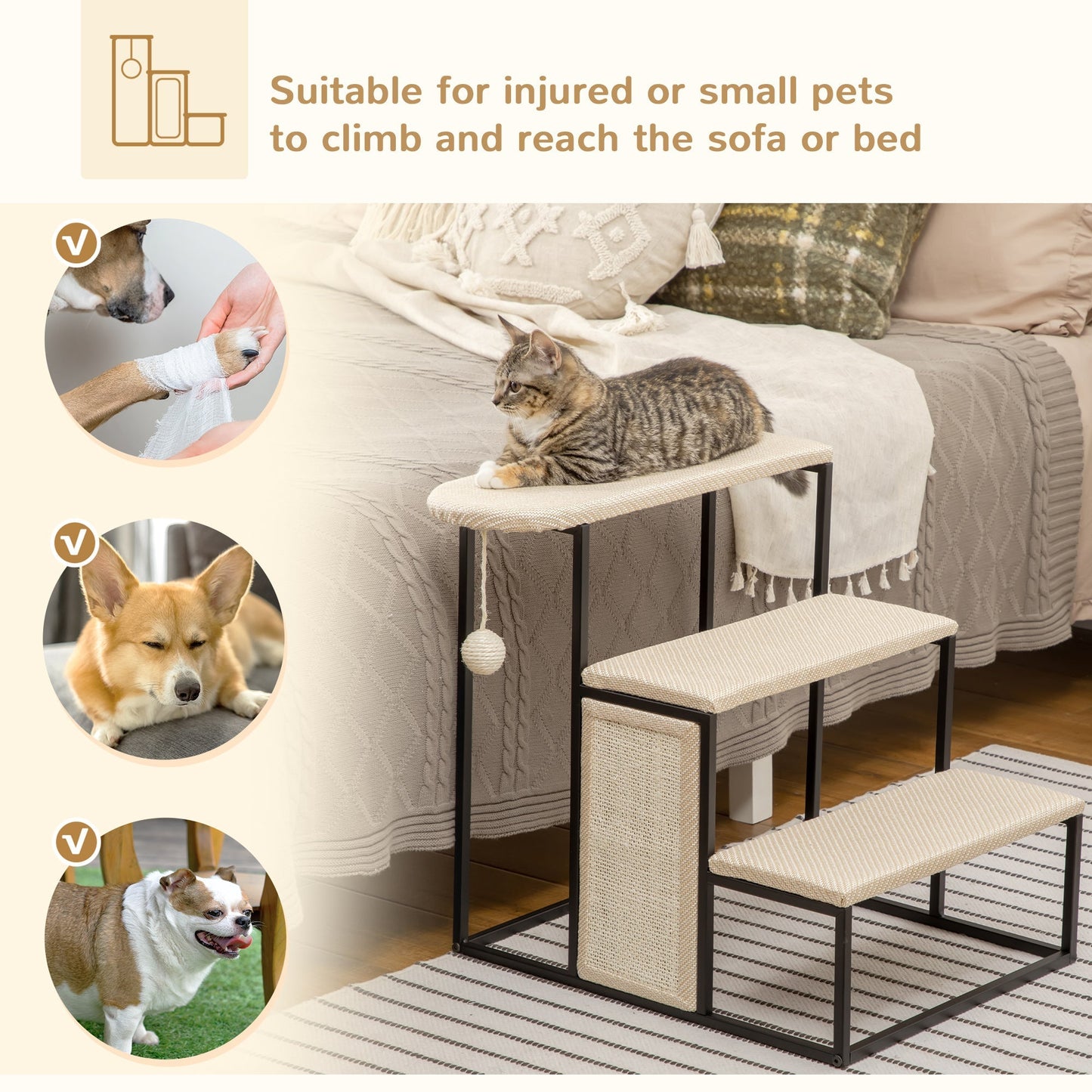 20" 3 Steps Cat Stairs, Carpeted Ladder Ramp, Pet Steps with Scratching Board and Hanging Ball for Small Cats, Steel Frame, Cream White Dog Stairs   at Gallery Canada