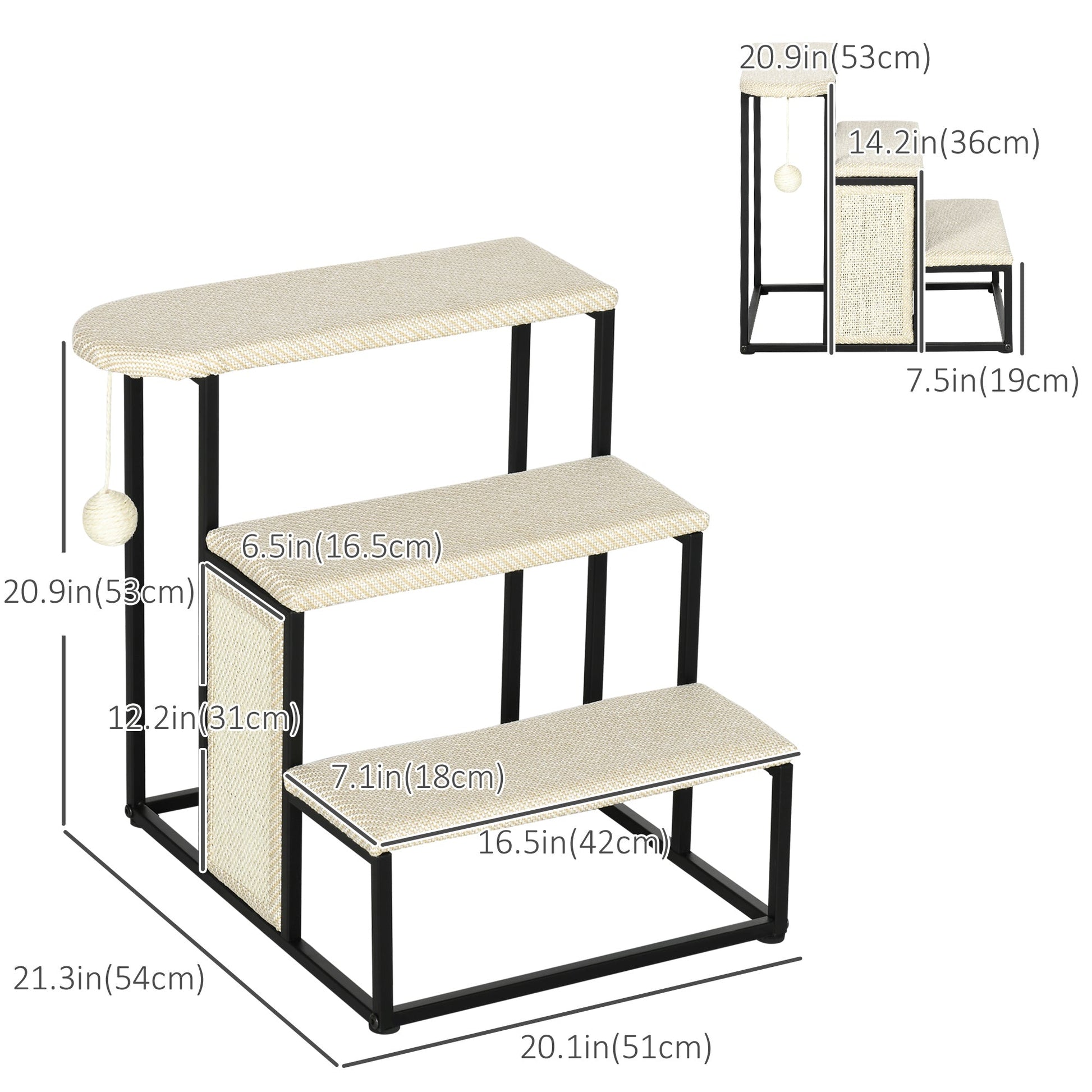 20" 3 Steps Cat Stairs, Carpeted Ladder Ramp, Pet Steps with Scratching Board and Hanging Ball for Small Cats, Steel Frame, Cream White Dog Stairs   at Gallery Canada