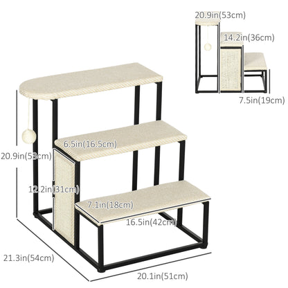 20" 3 Steps Cat Stairs, Carpeted Ladder Ramp, Pet Steps with Scratching Board and Hanging Ball for Small Cats, Steel Frame, Cream White Dog Stairs   at Gallery Canada