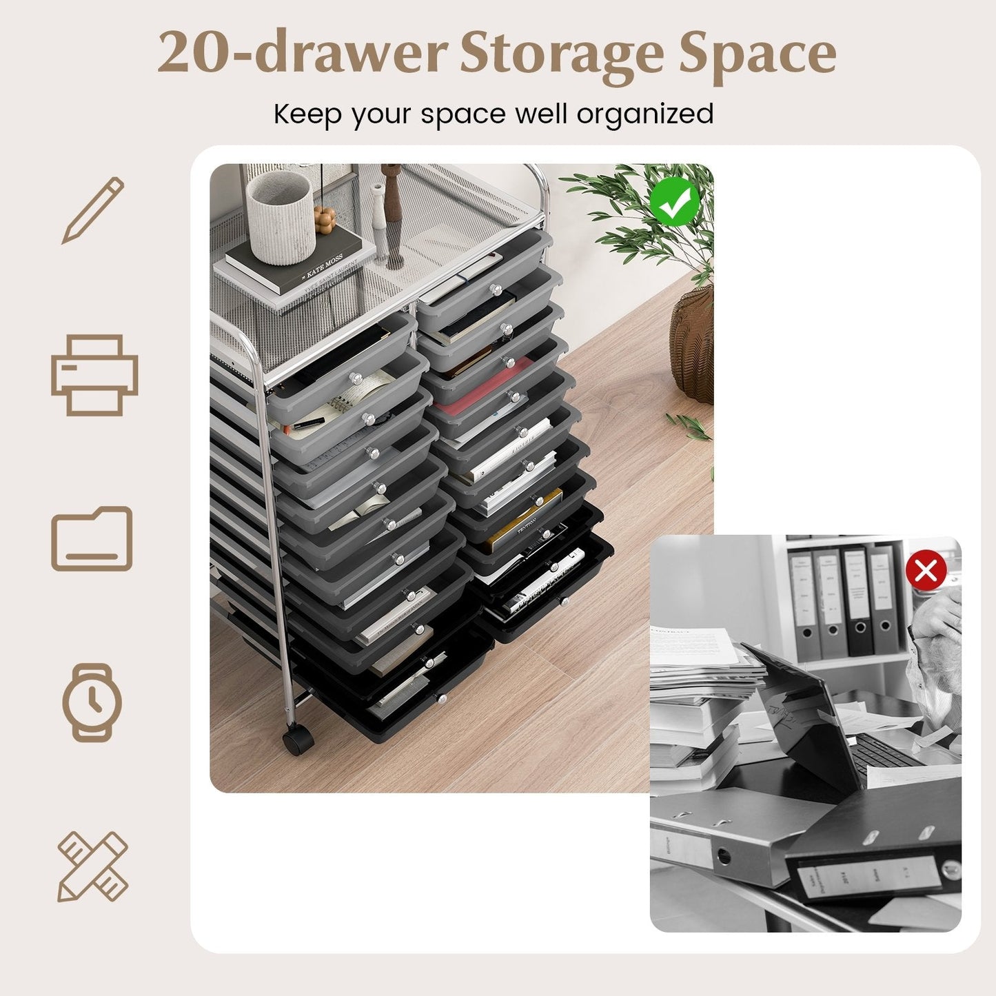 20 Drawers Rolling Storage Cart Studio Organizer, Black & Gray File Cabinets   at Gallery Canada