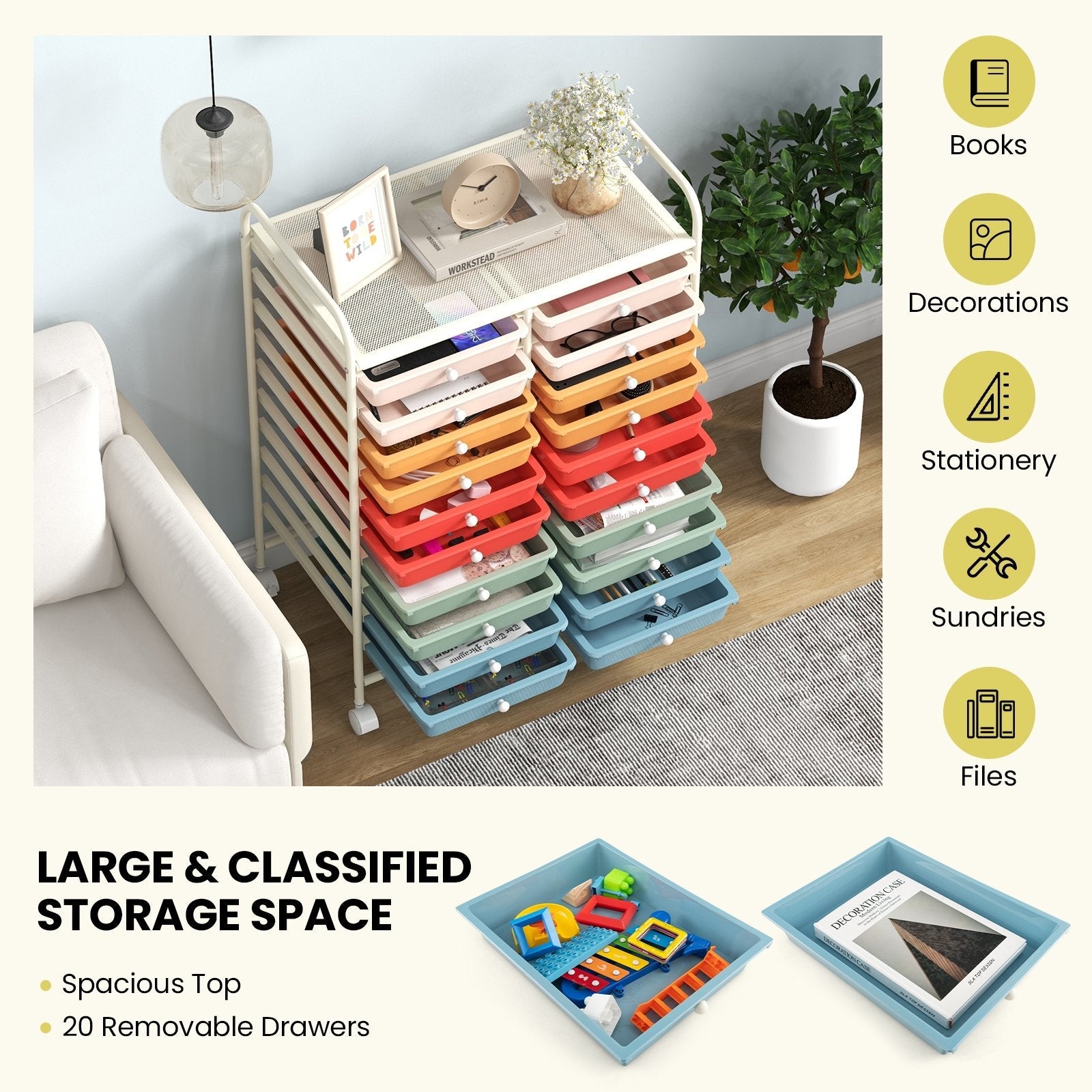 20 Drawers Rolling Storage Cart Studio Organizer, Deep Multicolor File Cabinets   at Gallery Canada