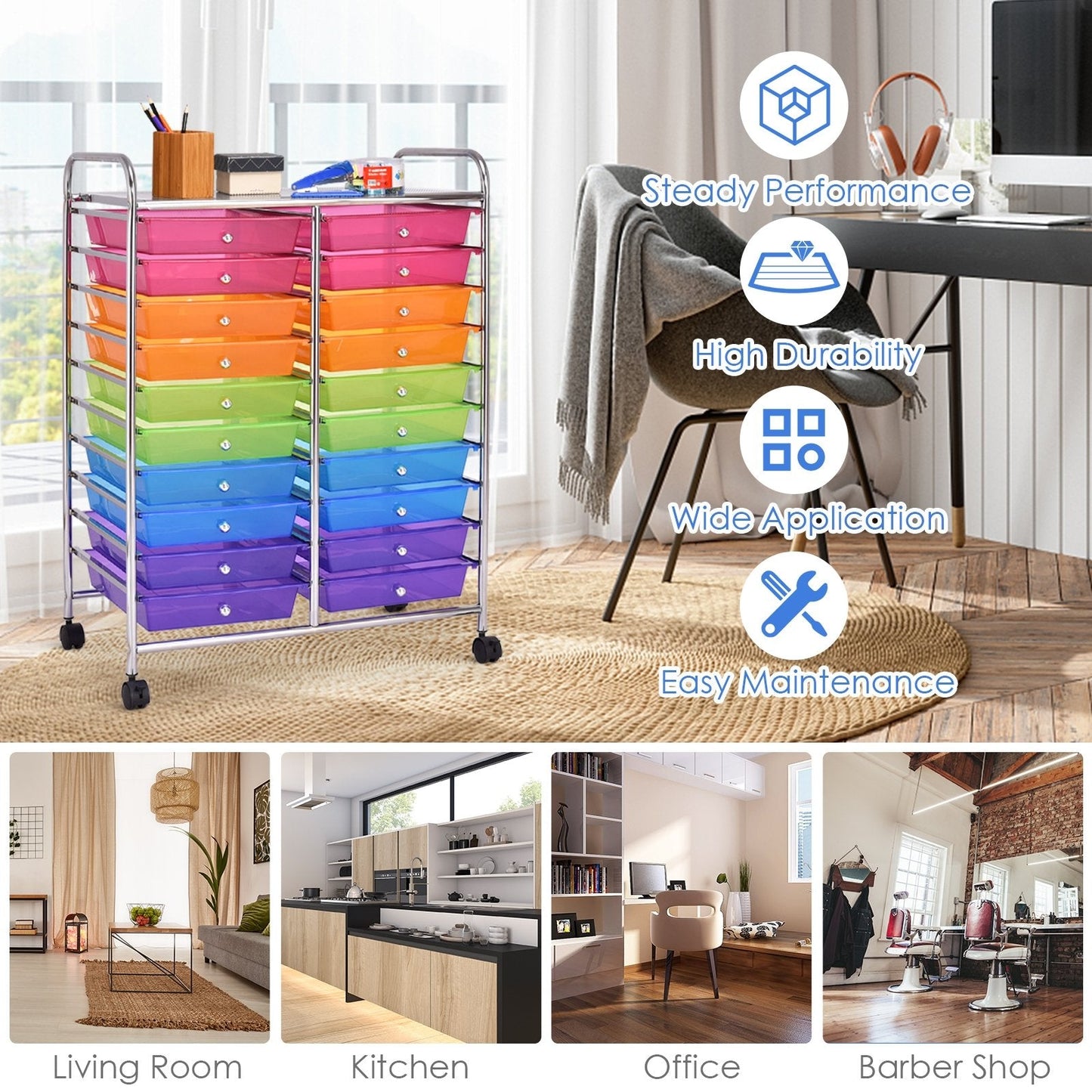 20 Drawers Storage Rolling Cart Studio Organizer, Sheer Rainbow File Cabinets   at Gallery Canada