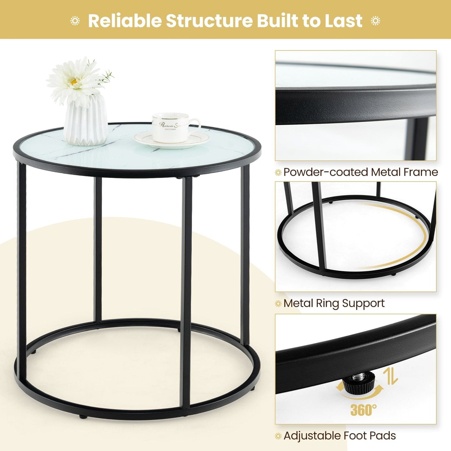 20" Glass End Table with Metal Frame and Faux Marble Glass Top, Black & White Coffee Tables   at Gallery Canada