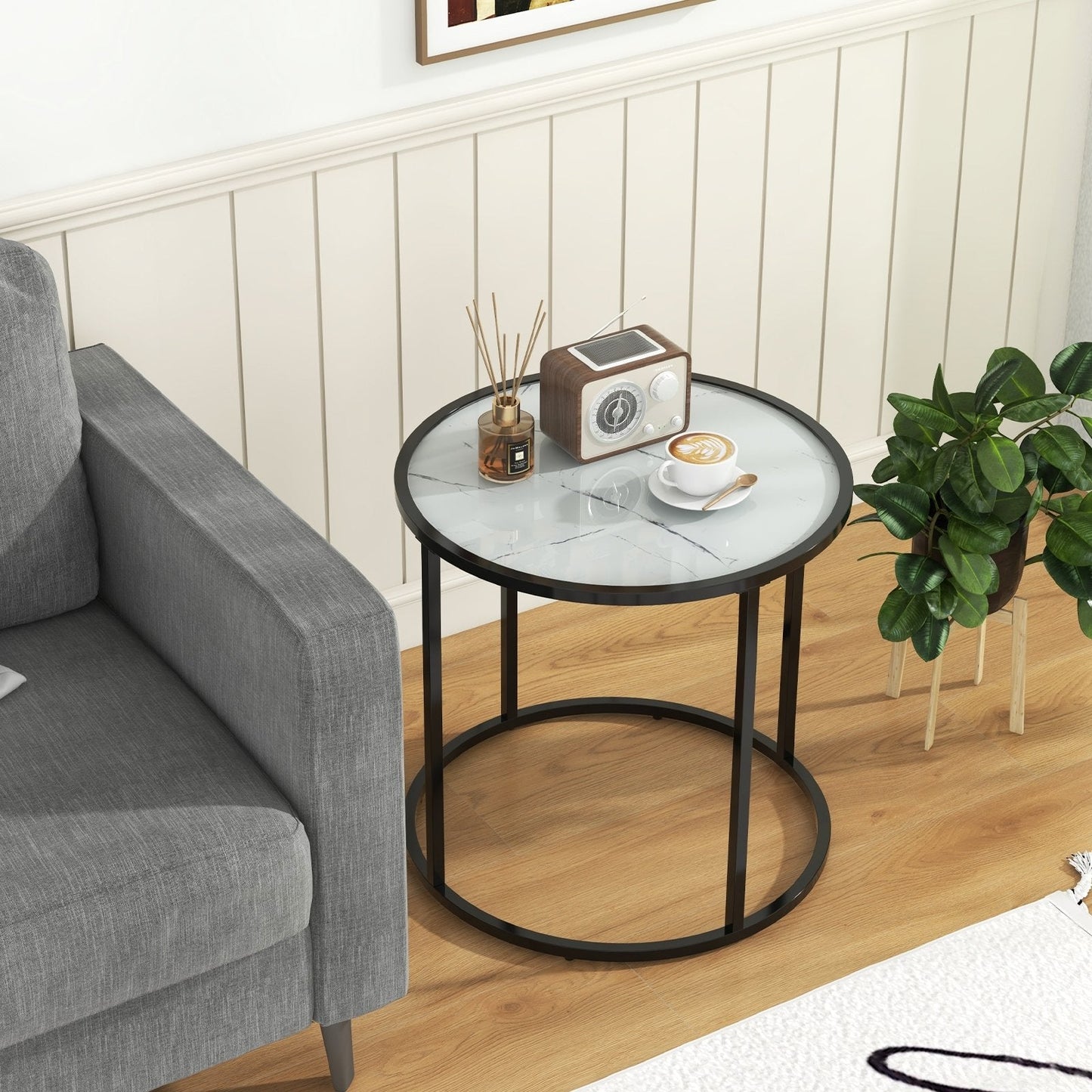 20" Glass End Table with Metal Frame and Faux Marble Glass Top, Black & White Coffee Tables   at Gallery Canada