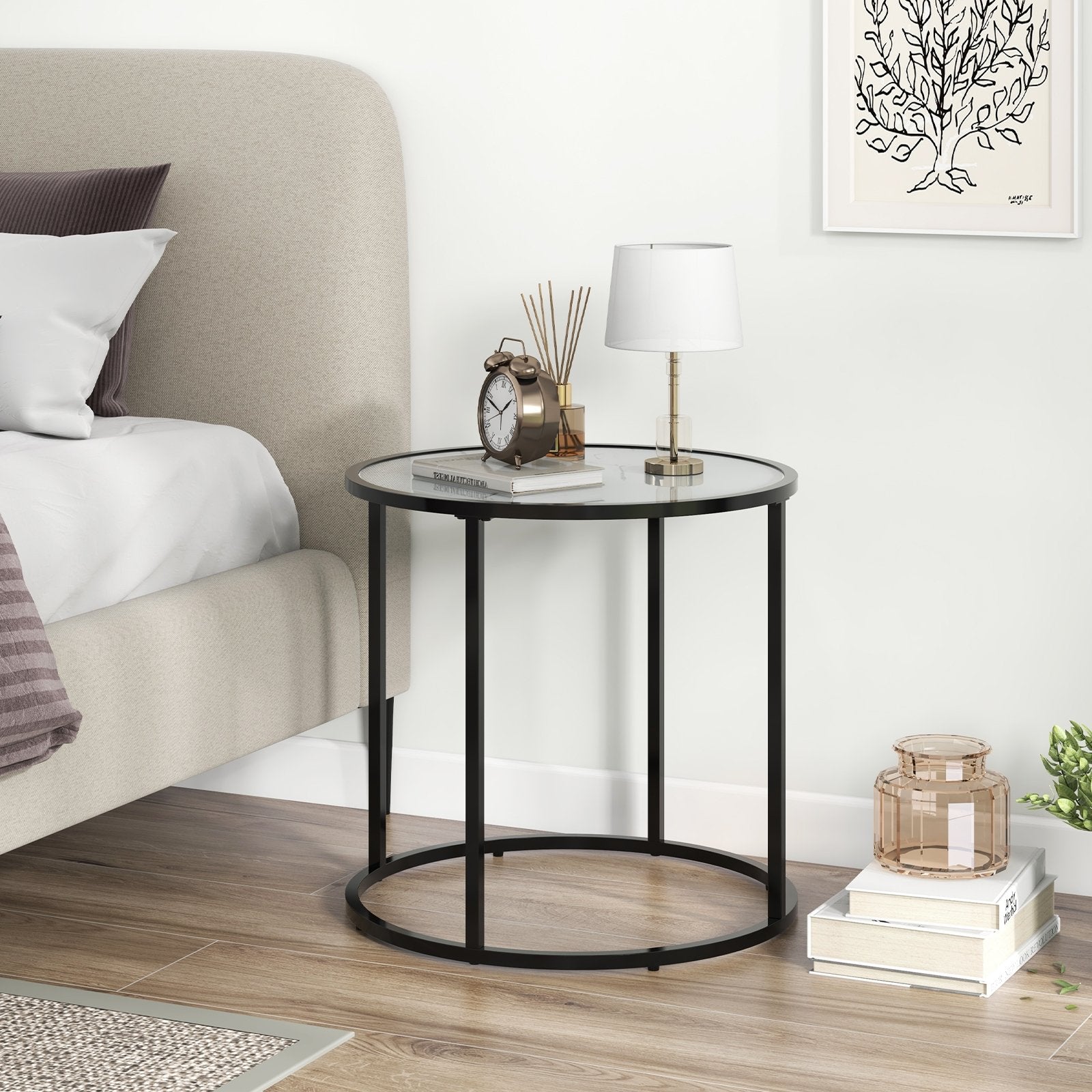 20" Glass End Table with Metal Frame and Faux Marble Glass Top, Black & White Coffee Tables   at Gallery Canada