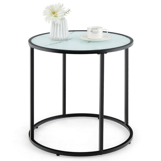 20" Glass End Table with Metal Frame and Faux Marble Glass Top, Black & White Coffee Tables   at Gallery Canada