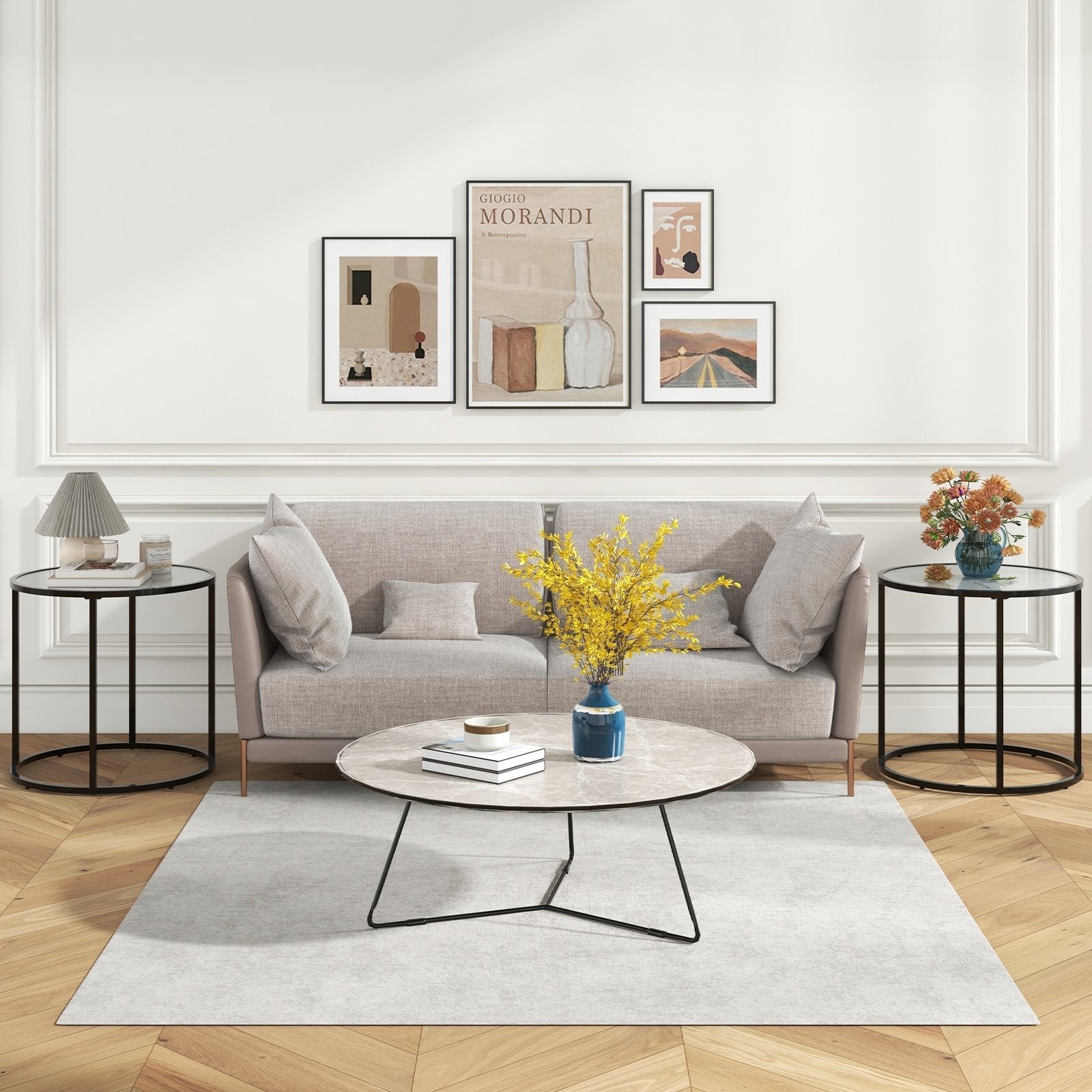 20" Glass End Table with Metal Frame and Faux Marble Glass Top, Black & White Coffee Tables   at Gallery Canada