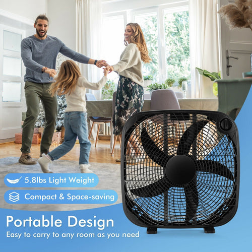 20 Inch Box Portable Floor Fan with 3 Speed Settings and Knob Control, Black